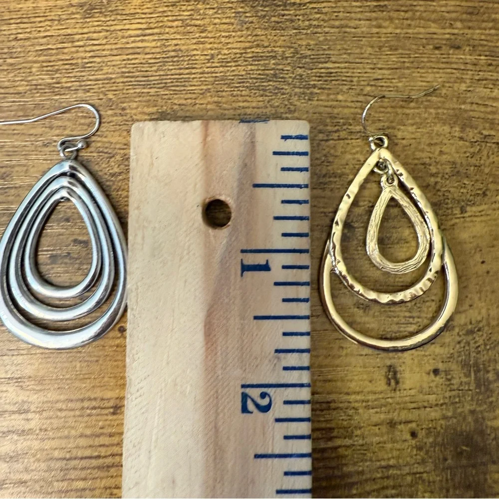 2 Pairs Triple Teardrop Dangle Earrings Gold & Silver Tone 2” Fishhook Versatile